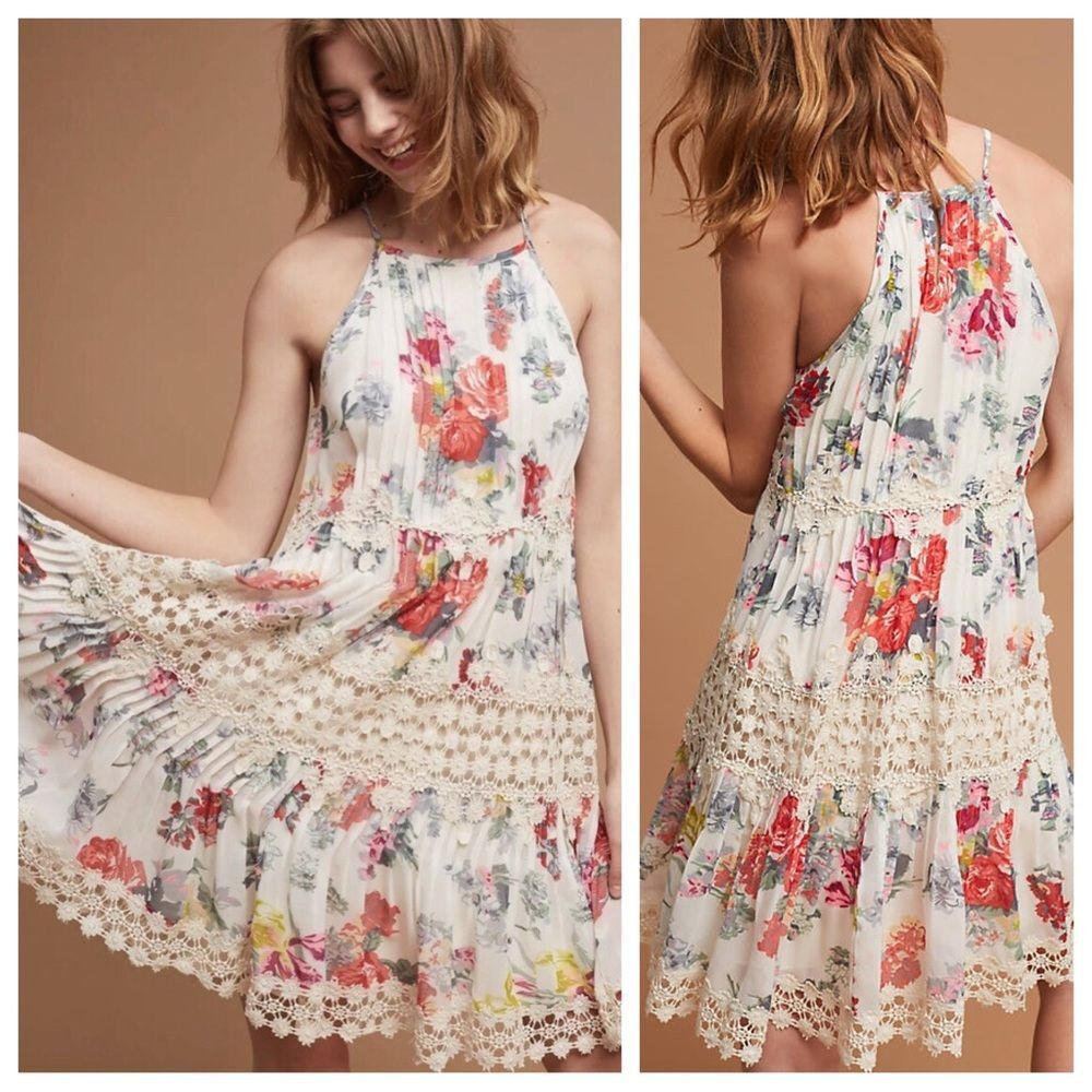 Anthropologie Ranna Gill Dress Women's XL Floral Halter Maxi Boho Lace Trim